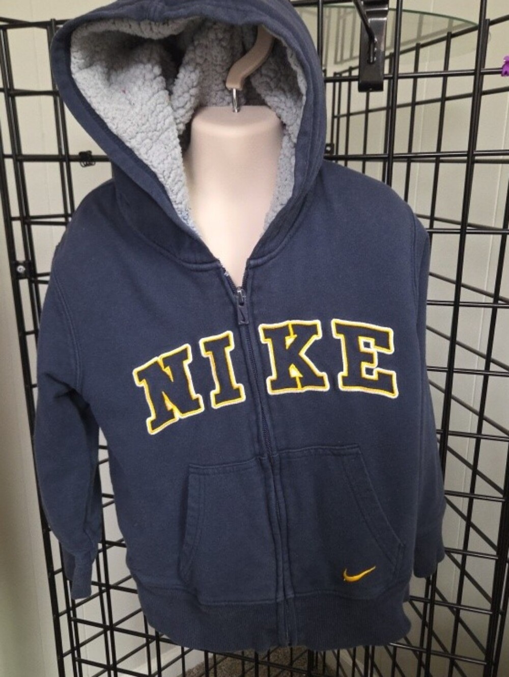 NIKE Spellout Sherpa Youth Hoodie Sweatshirt Full Zip Sz 7 Navy Blue Yellow Kids